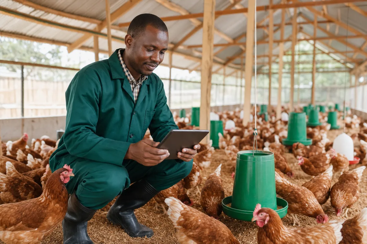 Mfugaji akisimamia kuku kwa kutumia tablet